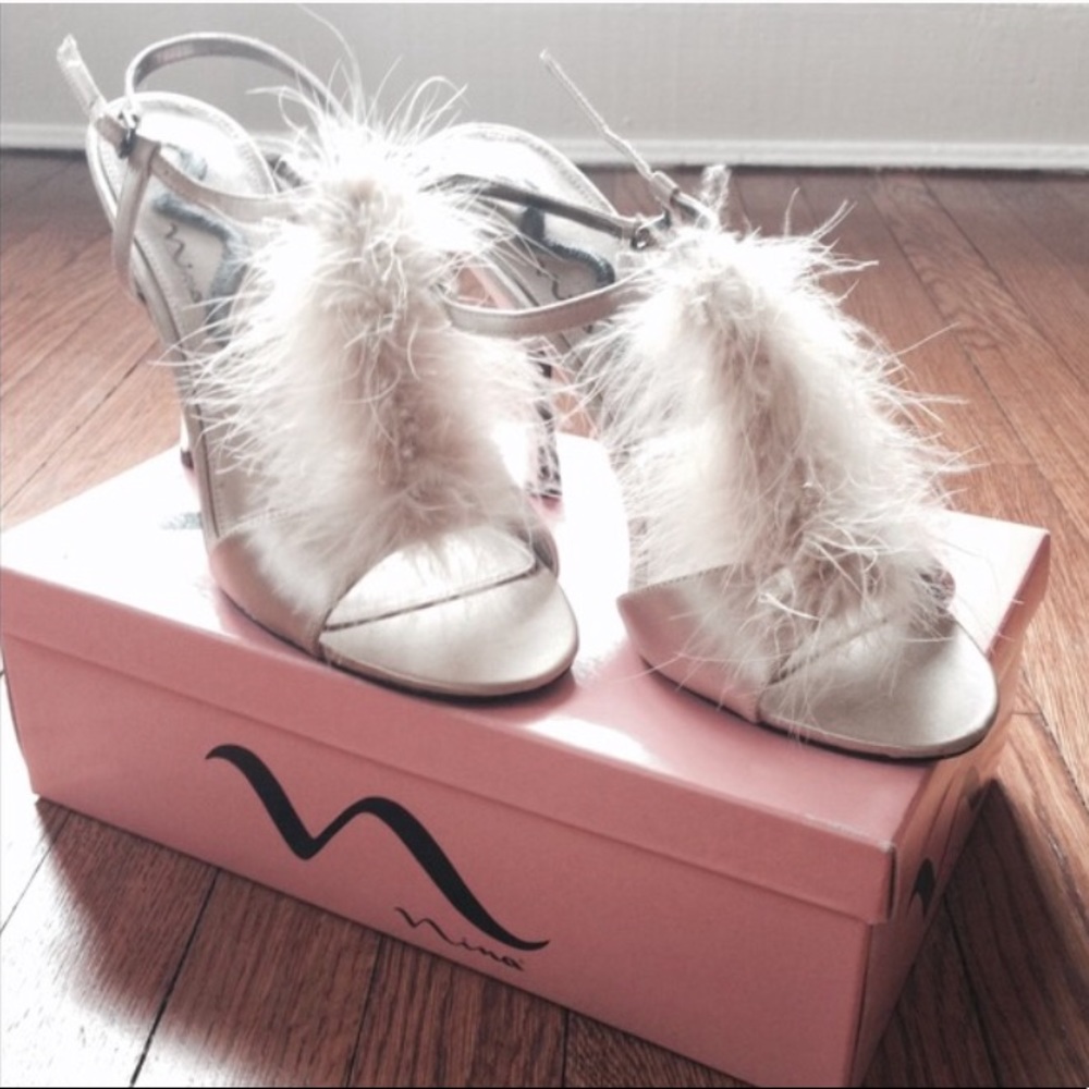 Nina Faux Fur Satin T-Strap Shoes